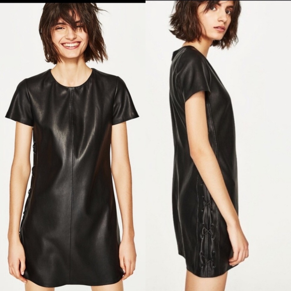 NWT Zara Trafaluc  Black Faux Leather Dress